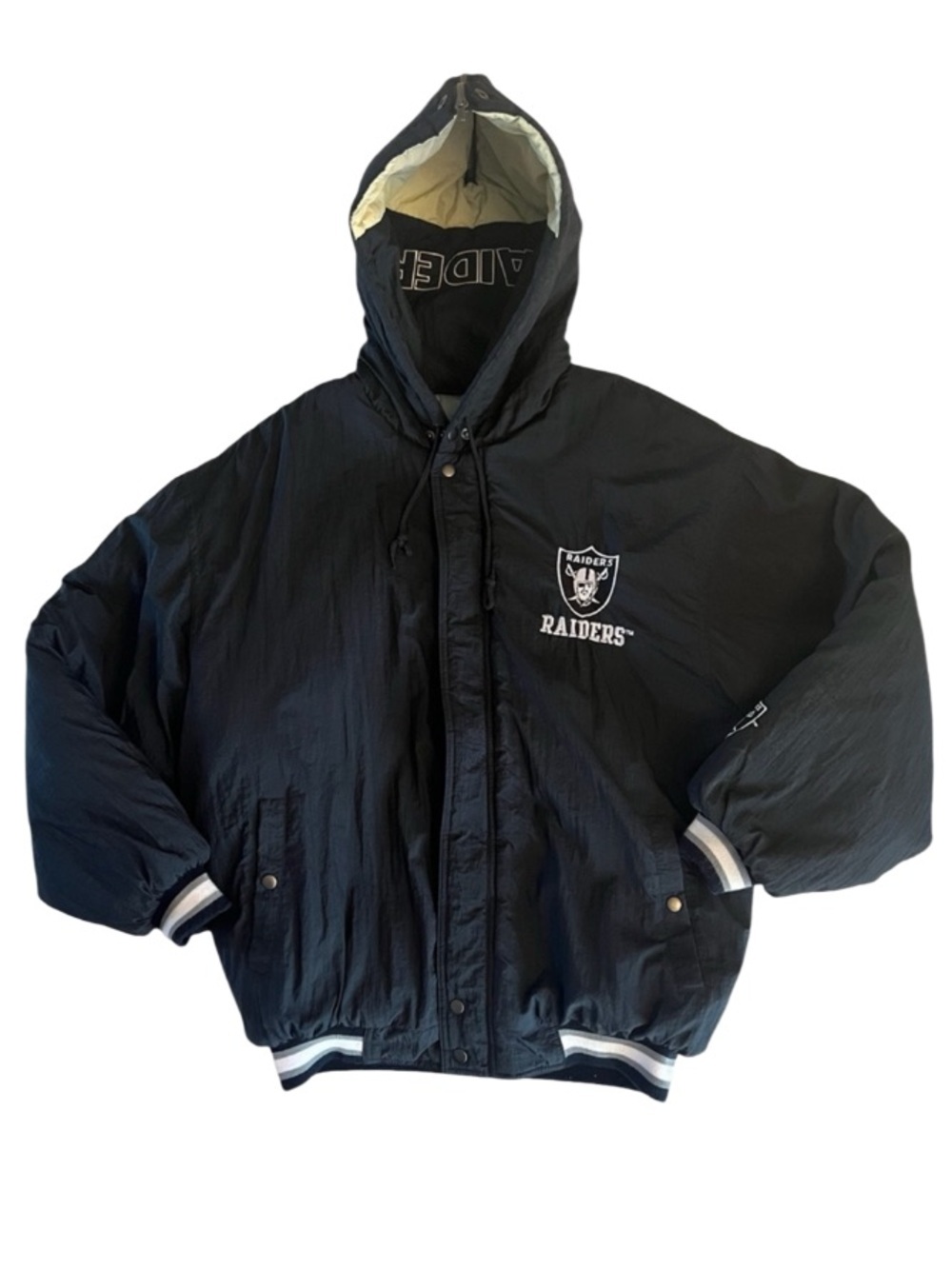 Vintage Competitor Raiders NFL Game Day Embroidered Hooded Puffer Jacket Large